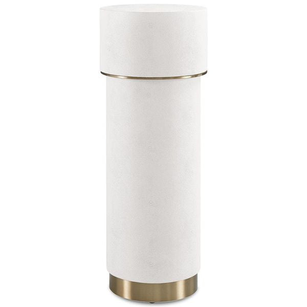 Lampa sto owa o zaokraglonej formie z harmonijnym wykonczeniem w odcieniu bieli